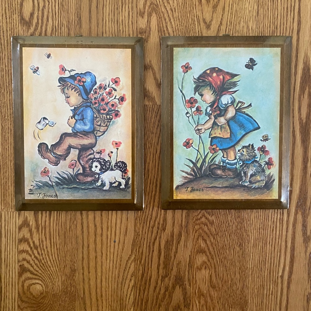 Pair of vintage wooden pictures by T Jones